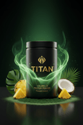 TITAN Chlorella Protein Powder Pineapple Coconut — vivid deep green detox canister with chlorella powder, pineapple wedges, coconut and intense chlorophyll green energy