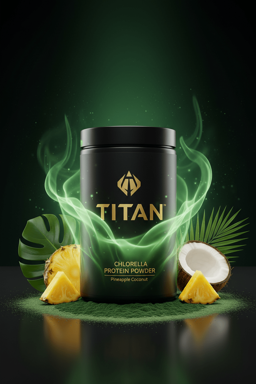 TITAN Chlorella Protein Powder Pineapple Coconut — vivid deep green detox canister with chlorella powder, pineapple wedges, coconut and intense chlorophyll green energy
