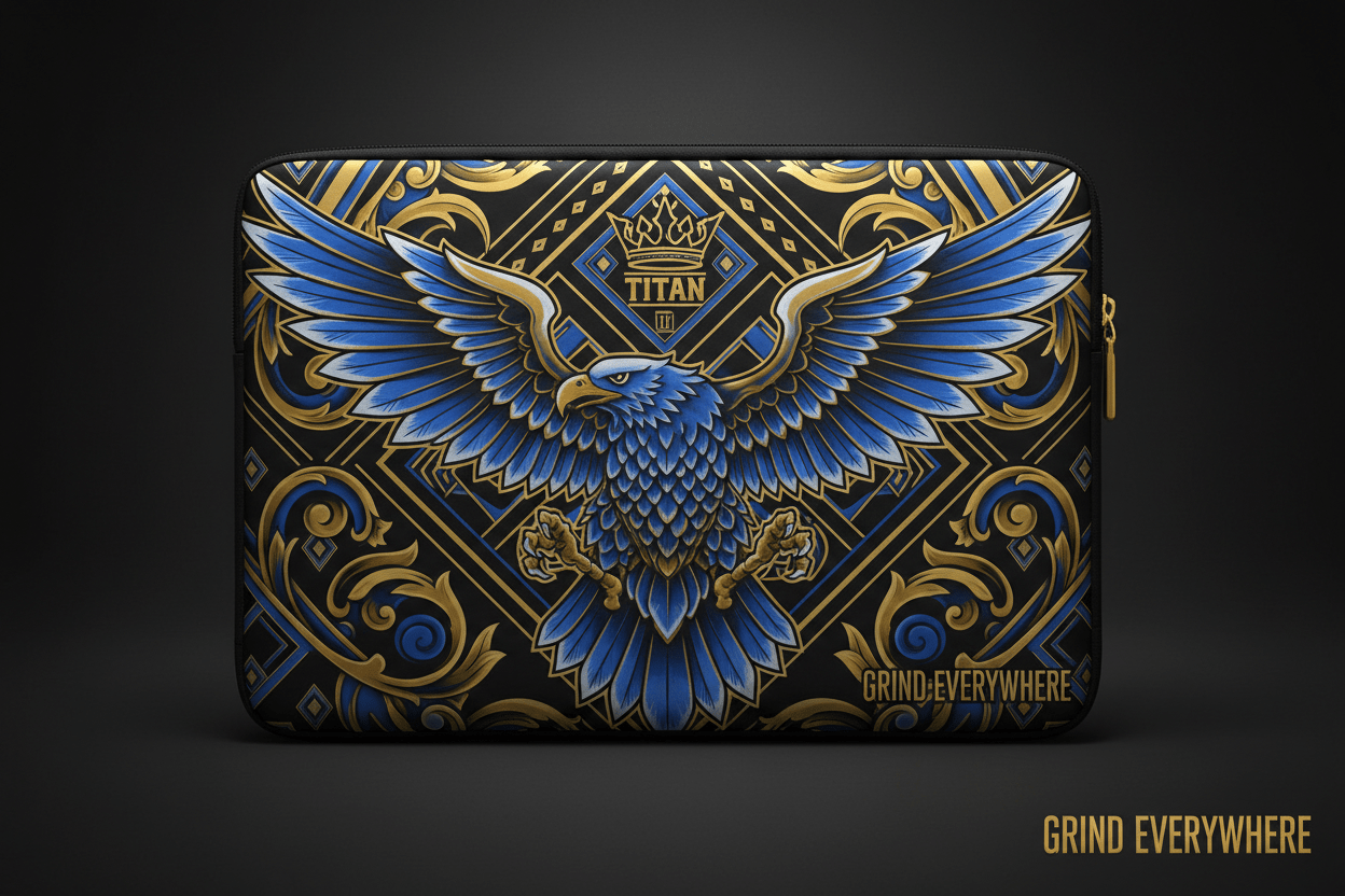 TITAN Printed Laptop Sleeve — Eagle and geometric tattoo-style artwork in royal blue and gold with TITAN crown logo