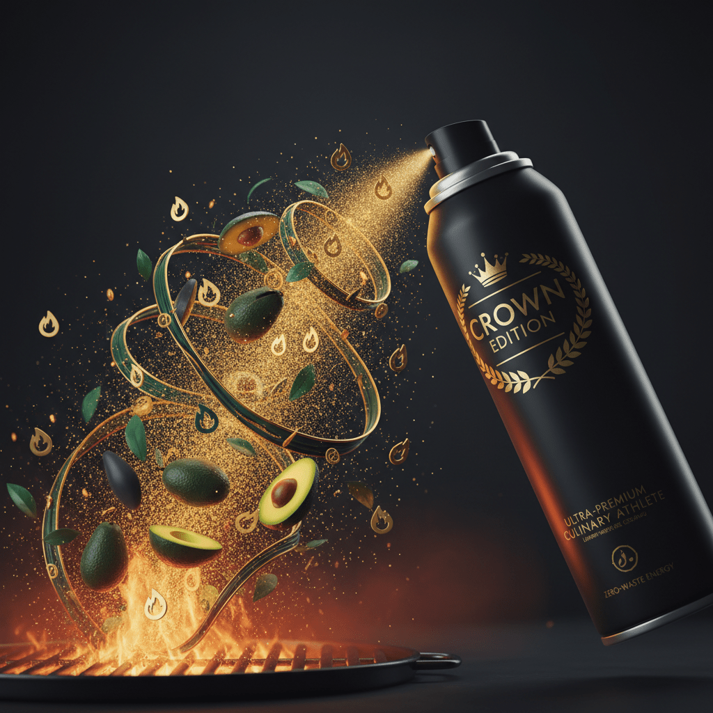 TITAN Avocado Oil Cooking Spray Non-Stick Crown Edition — surrealist mid-spray action design