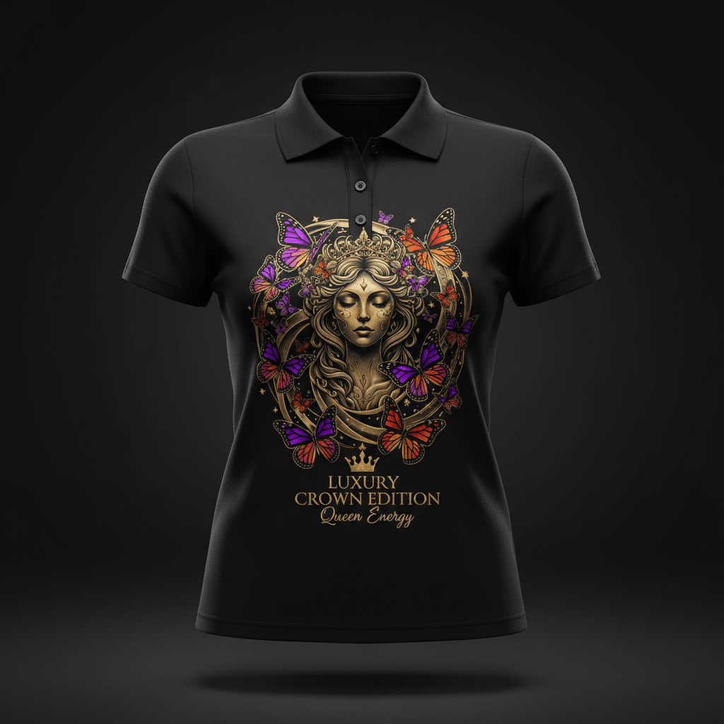 TITAN Women's Butterfly Goddess Polo Shirt Crown Edition — bold tattoo-style butterfly goddess artwork