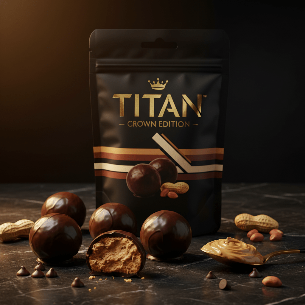 TITAN Protein Bites Peanut Butter Chocolate Crown Edition — 15g protein vegan gym snack product shot