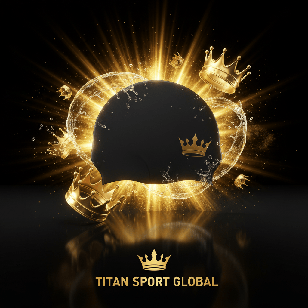 TITAN SPORT GLOBAL swim cap with gold crown branding on dark background