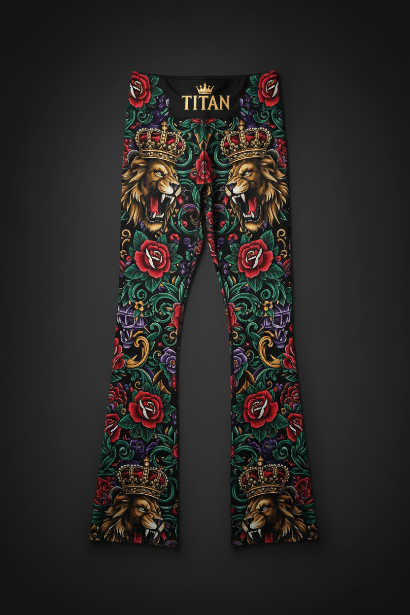 TITAN Flare Leggings Crown Edition - lion tattoo art with gold TITAN logo, skinny leg