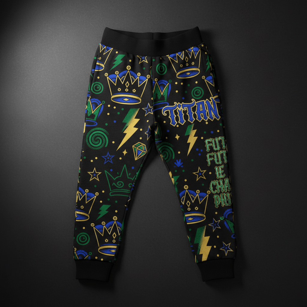 TITAN Printed Kids Jogger Pants — Crowns and lightning bolts tattoo-style artwork in royal blue and emerald green
