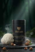 TITAN Lion's Mane Protein Powder Vanilla Hazelnut — mystical forest canister with dramatic Lion's Mane mushroom, hazelnut clusters and ethereal forest mist