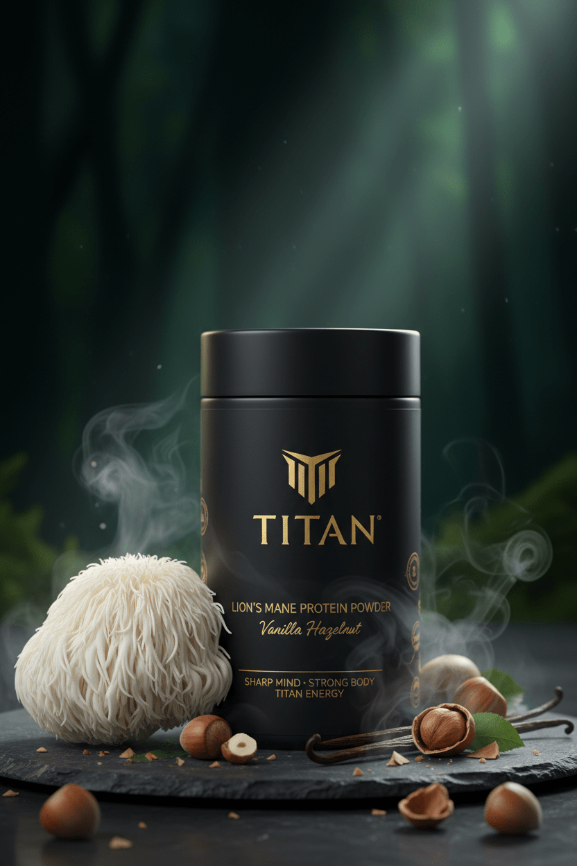 TITAN Lion's Mane Protein Powder Vanilla Hazelnut — mystical forest canister with dramatic Lion's Mane mushroom, hazelnut clusters and ethereal forest mist