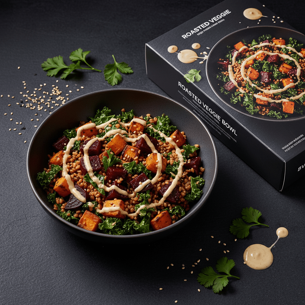 TITAN Organic High-Protein Farro Bowl — Roasted Veggie, premium product photography
