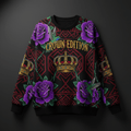 TITAN Crown Edition Tattoo Art Women's Lounge Crewneck - bold rose hummingbird tattoo artwork on matte black heavyweight fleece