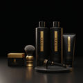 TITAN men's grooming set in matte black and gold, featuring bottles, a tube, a shaving brush, and a classic razor.