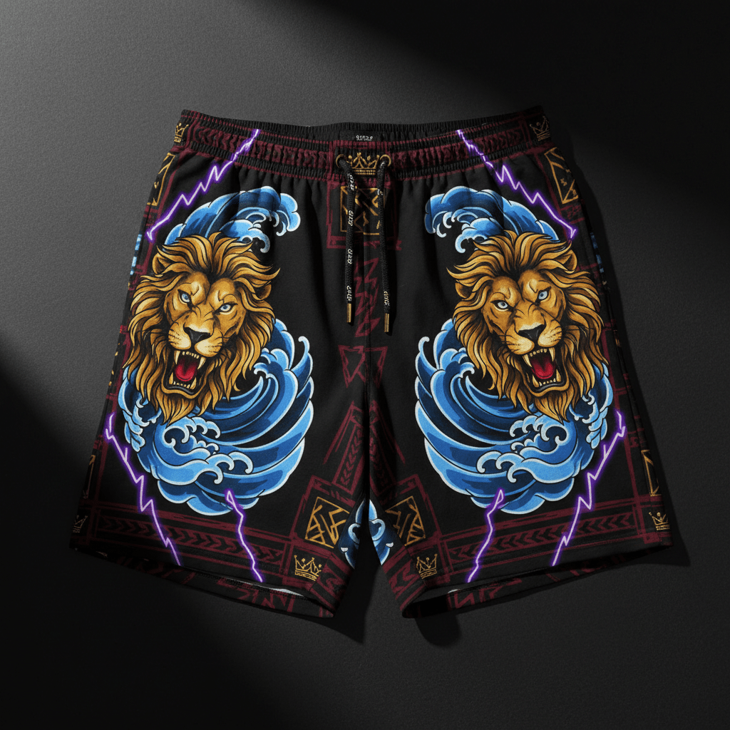 TITAN Crown Edition Tattoo Art Men's Lounge Shorts - bold colorful tattoo artwork on matte black fabric
