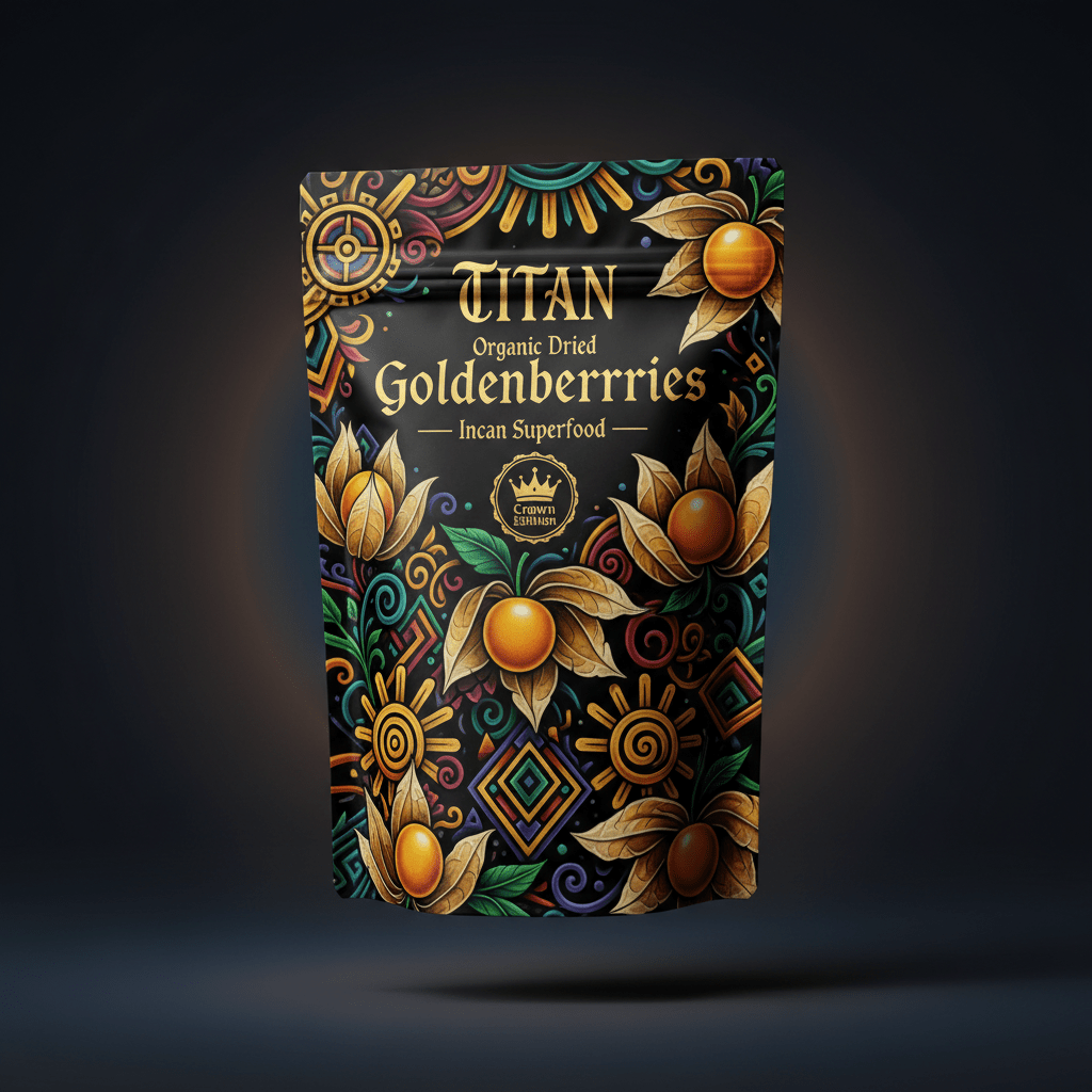 TITAN Organic Dried Goldenberries — Incan Superfood, Crown Edition tattoo-style artwork