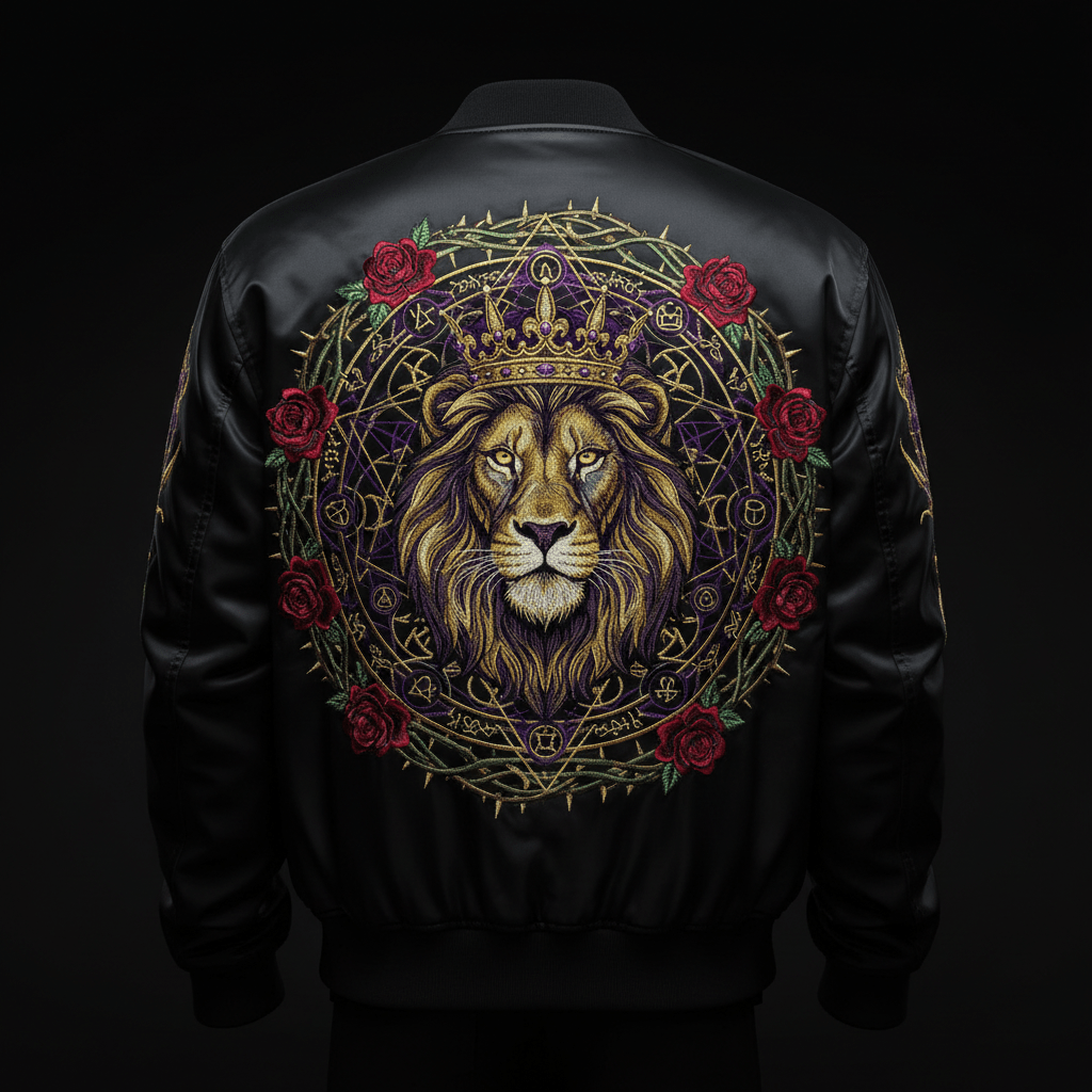 Sacred Lion Crown Bomber Jacket — TITAN Crown Edition spiritual warrior streetwear