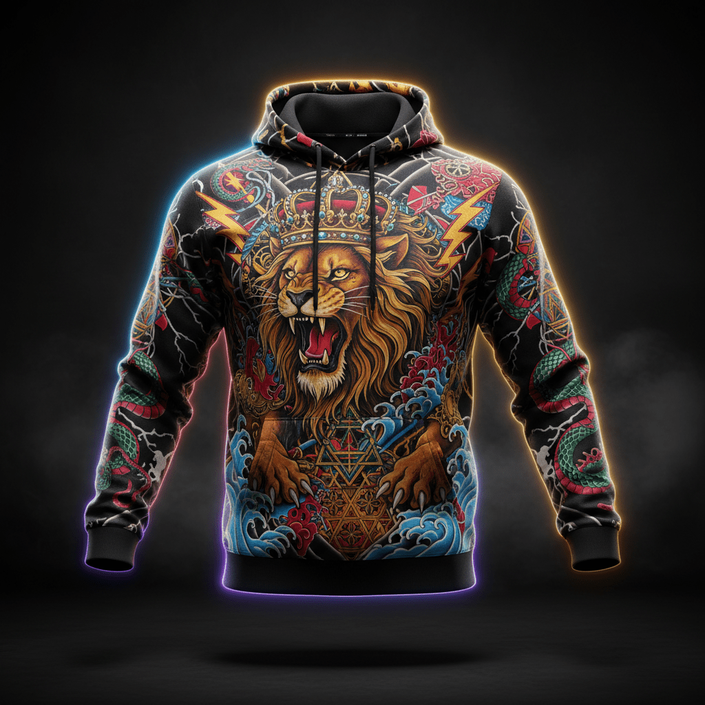 TITAN Men's Long Sleeve Hoodie Tee - Crown Edition legendary tattoo-style artwork