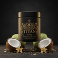 TITAN Protein Coconut Butter – Toasted Vanilla, matte black jar with gold crown tattoo artwork, coconut halves, vanilla pods and toasted coconut flakes