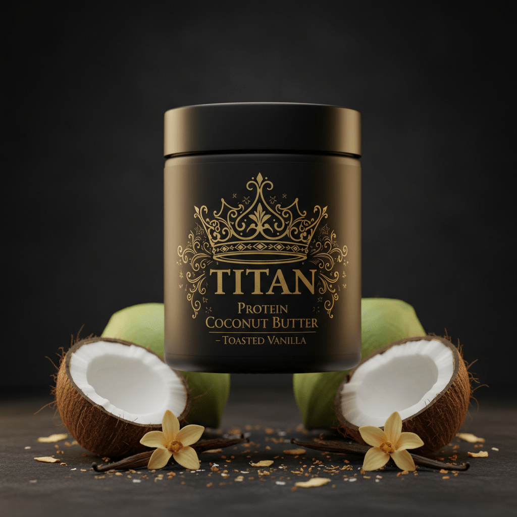 TITAN Protein Coconut Butter – Toasted Vanilla, matte black jar with gold crown tattoo artwork, coconut halves, vanilla pods and toasted coconut flakes