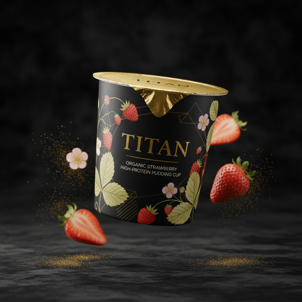 TITAN Organic High-Protein Pudding Cup Strawberry — ultra-premium luxury editorial product shot