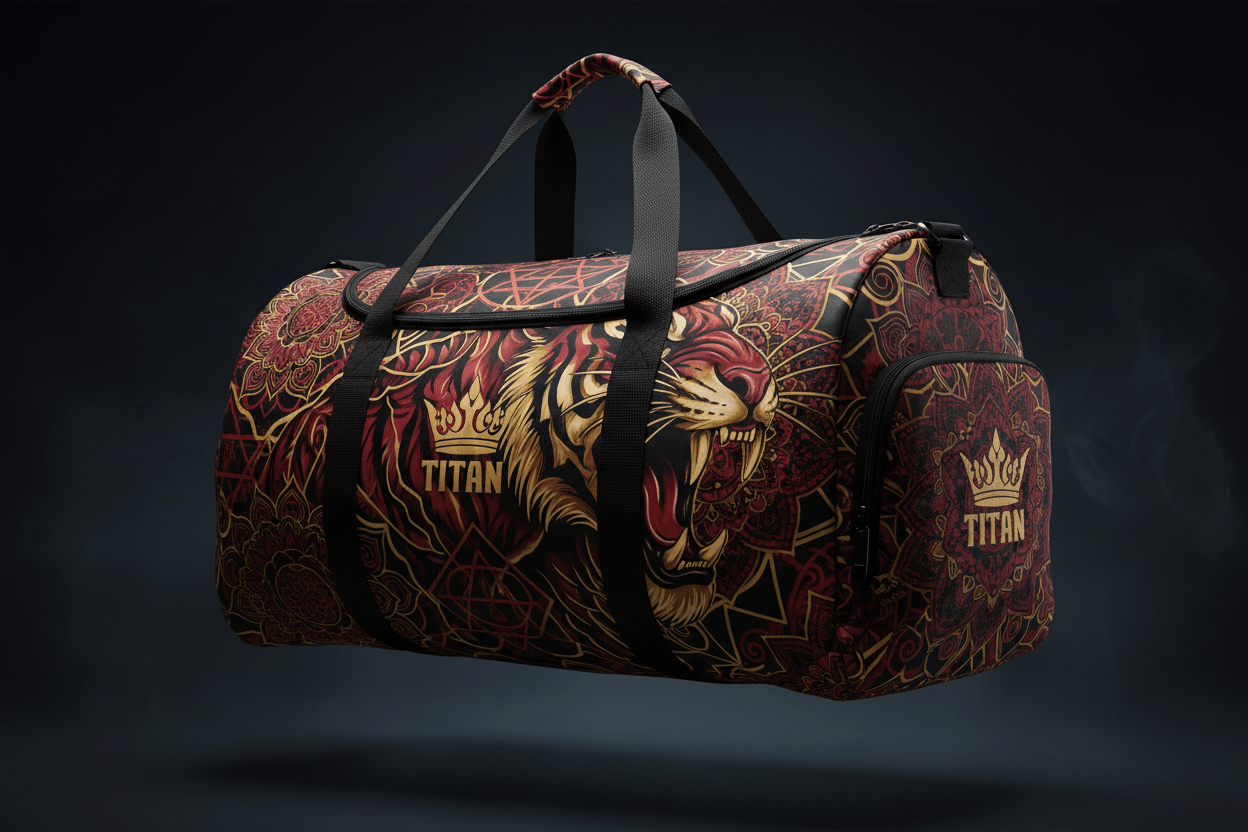 TITAN Printed Duffle Bag — Tiger and mandala tattoo-style artwork in deep crimson and gold with TITAN crown logo