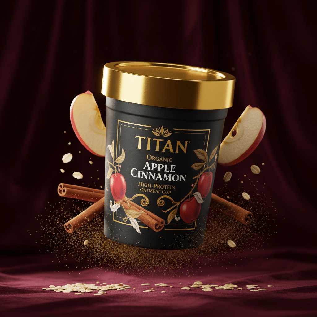 TITAN Organic High-Protein Oatmeal Cup Apple Cinnamon — ultra-premium luxury editorial product shot