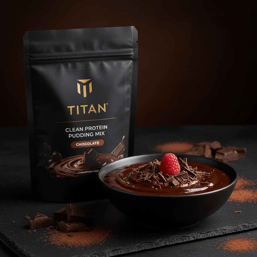 TITAN Clean Protein Pudding Mix Chocolate — dramatic overhead shot with rich dark chocolate pudding, chocolate shavings and fresh raspberry