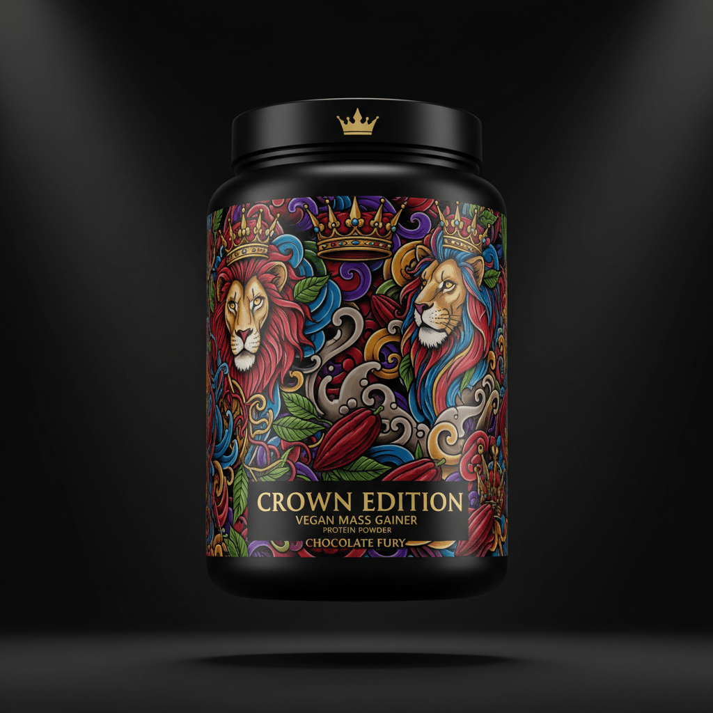 TITAN Vegan Mass Gainer Chocolate Crown Edition — bold tattoo-style artwork