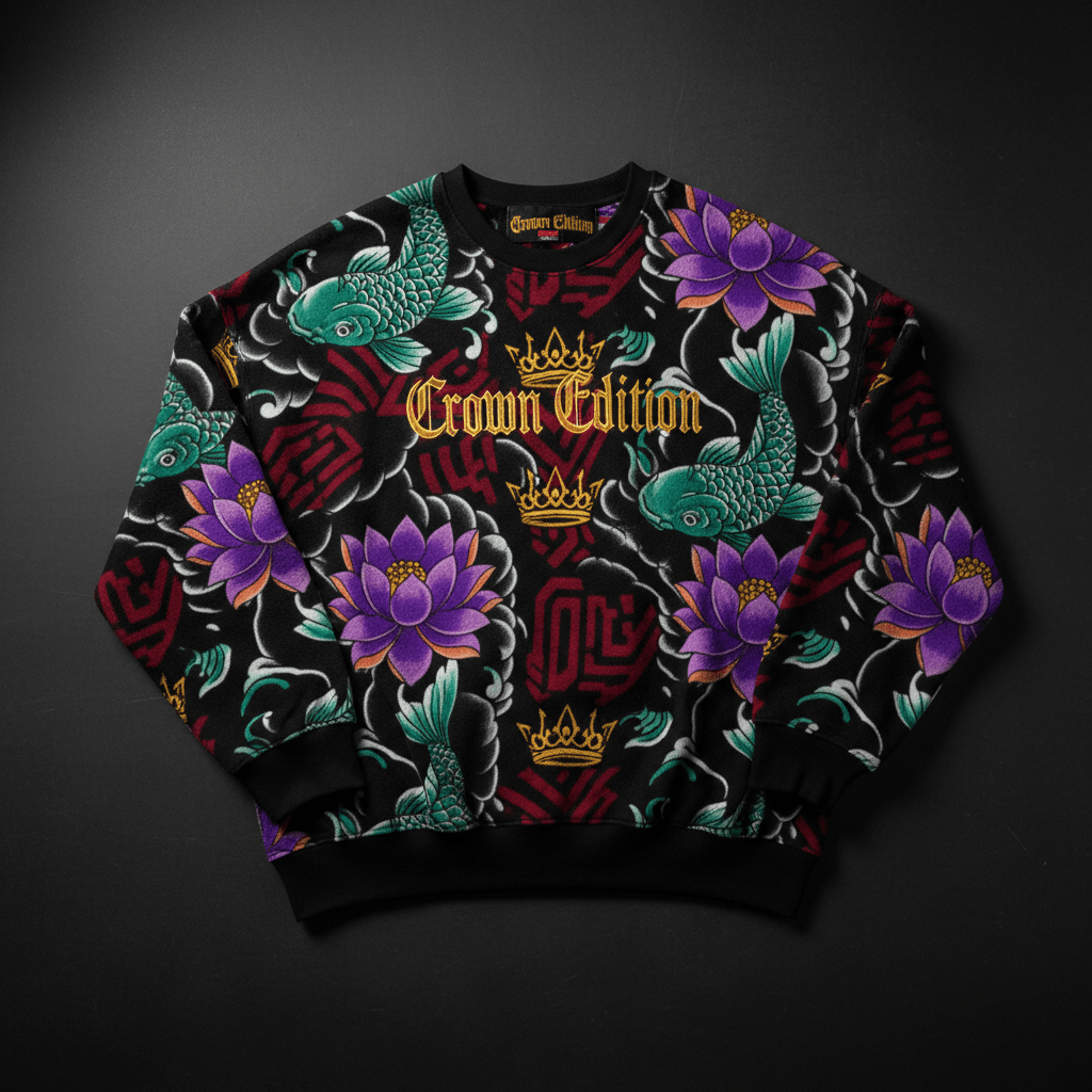TITAN Crown Edition Tattoo Art Women's Lounge Crewneck - bold lotus koi tattoo artwork on matte black heavyweight fleece