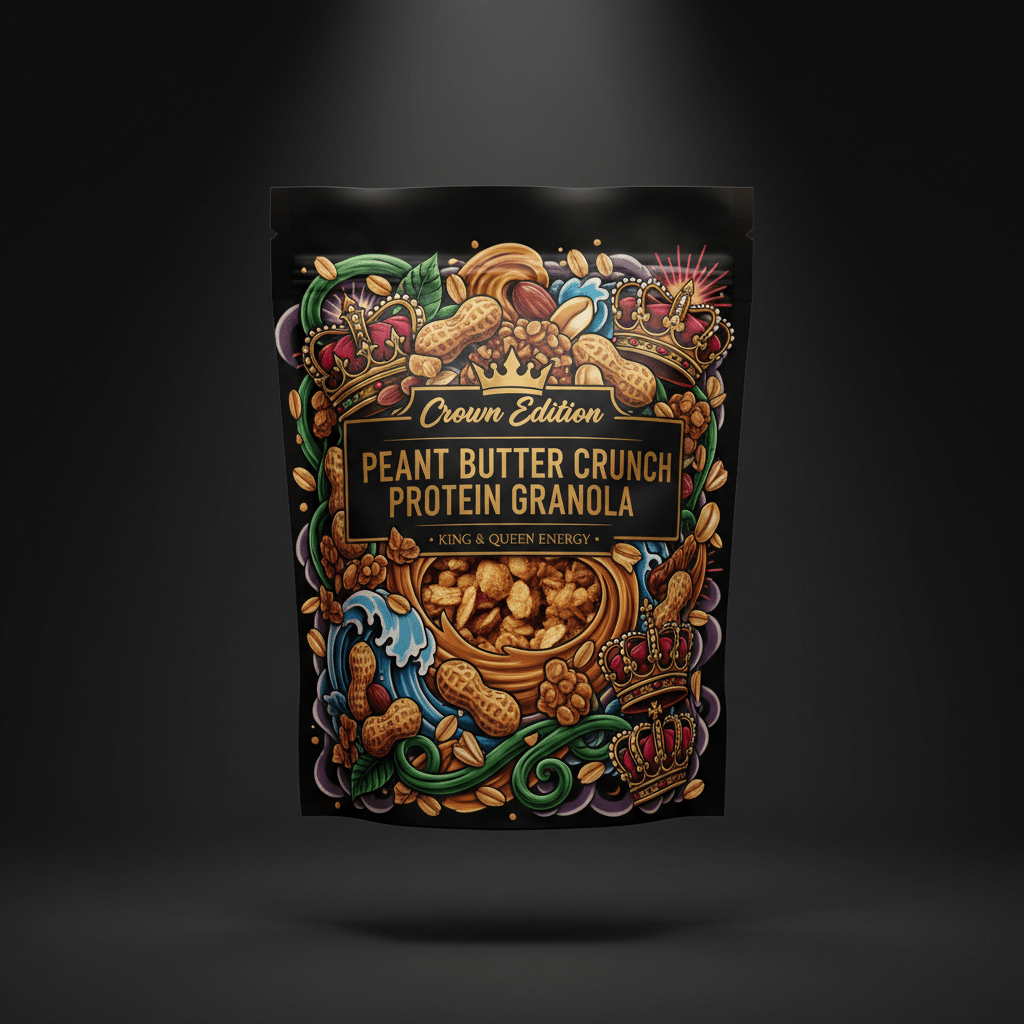 TITAN Protein Granola Peanut Butter Crunch — Crown Edition bold tattoo-style artwork