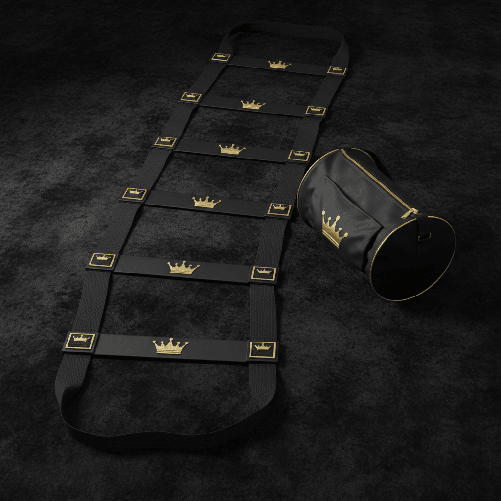TITAN Volleyball Agility Ladder Crown Edition matte black 20 rungs gold crown logo nylon straps carry bag flat lay
