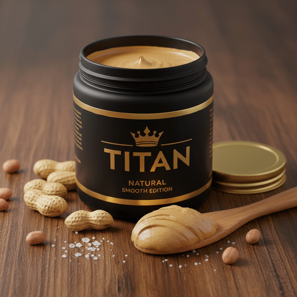 TITAN Natural Peanut Butter Smooth Crown Edition — premium wide-mouth black glass jar product shot