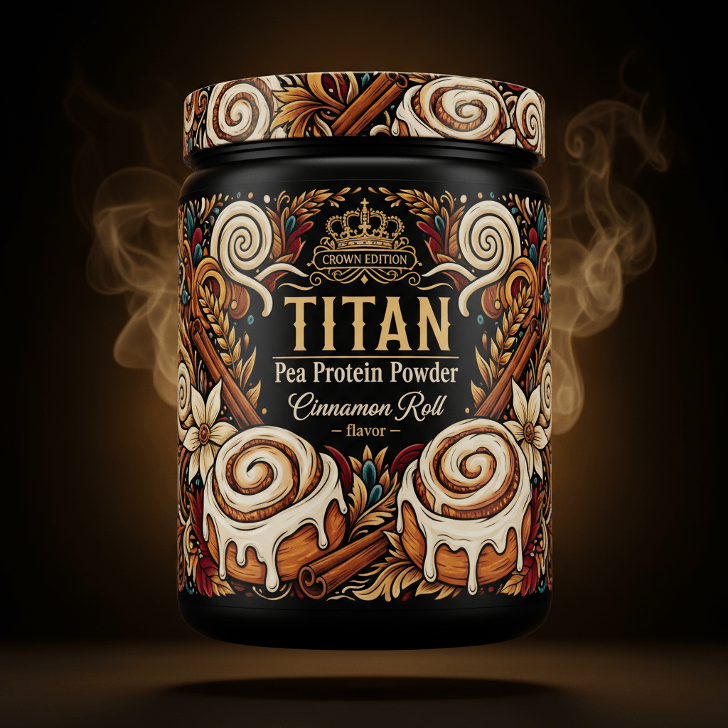 TITAN Pea Protein Powder — Cinnamon Roll, Crown Edition tattoo-style artwork