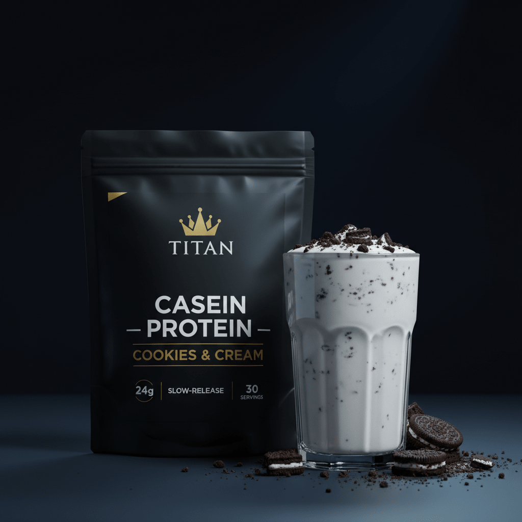 TITAN Casein Protein Cookies & Cream — Matte black bag with gold crown, creamy shake and crushed cookies