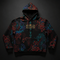 Black hoodie with red floral and blue dragon pattern, featuring a gold "TITAN" logo on the chest and hood strings.