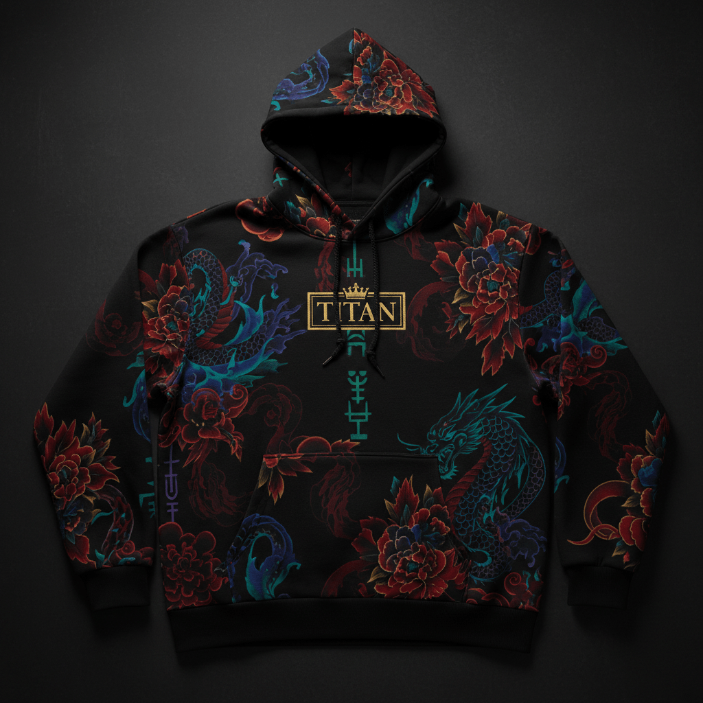 Black hoodie with red floral and blue dragon pattern, featuring a gold "TITAN" logo on the chest and hood strings.