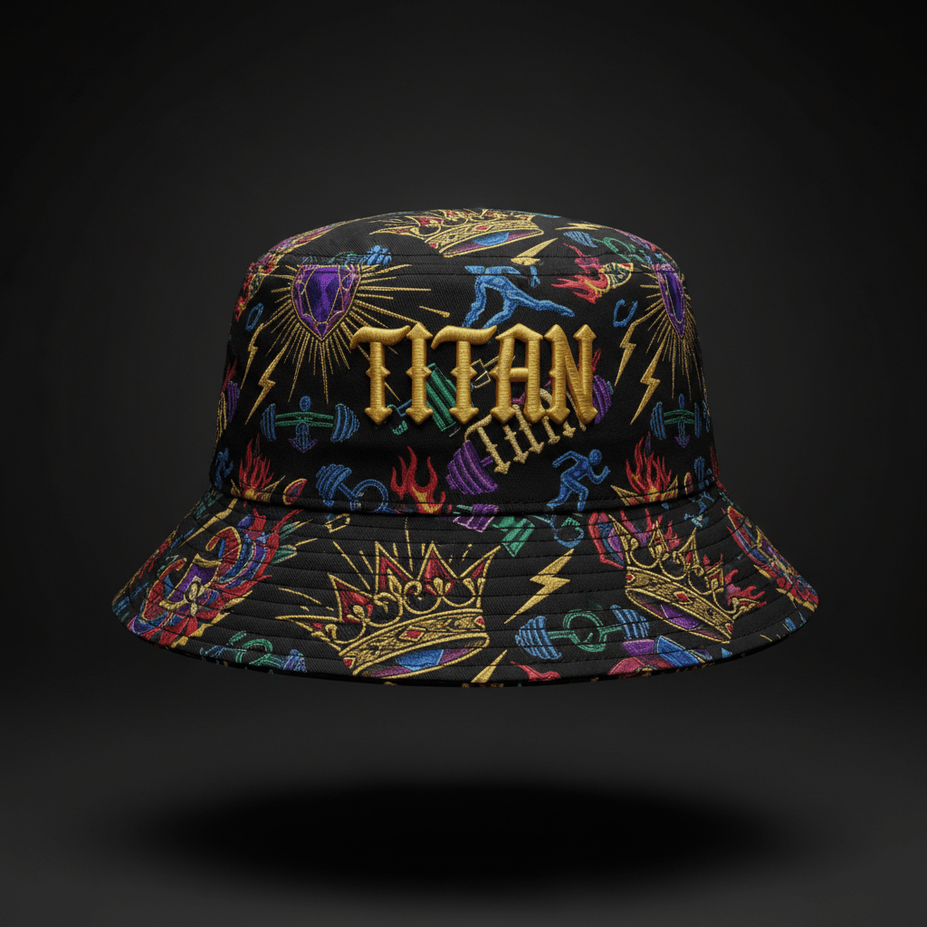 TITAN Embroidered Bucket Hat — Crown Edition bold tattoo-style artwork