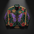 TITAN Crown Edition Tattoo Art Women's Lounge Track Jacket - bold colorful tattoo artwork on matte black fabric with gold stripe