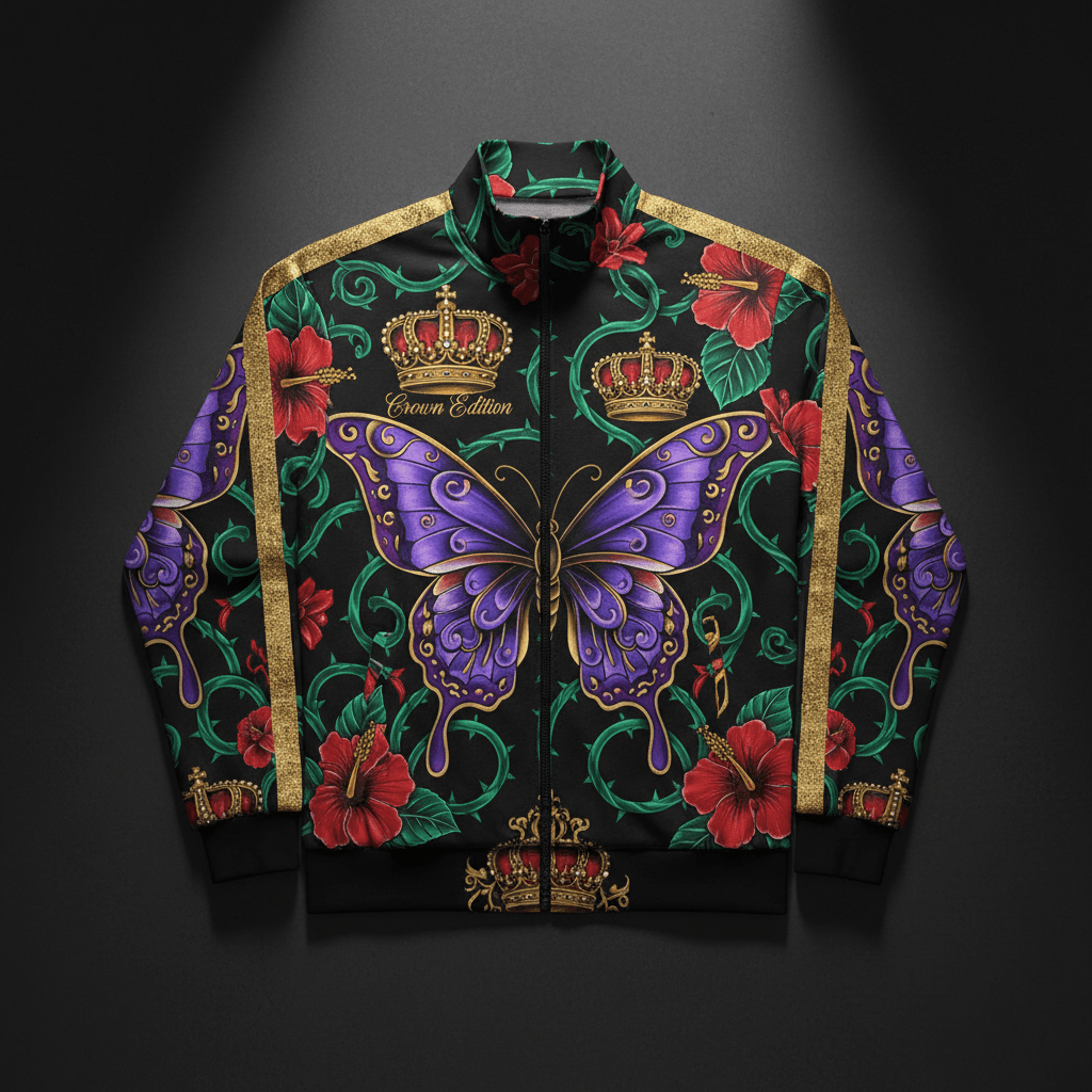 TITAN Crown Edition Tattoo Art Women's Lounge Track Jacket - bold colorful tattoo artwork on matte black fabric with gold stripe