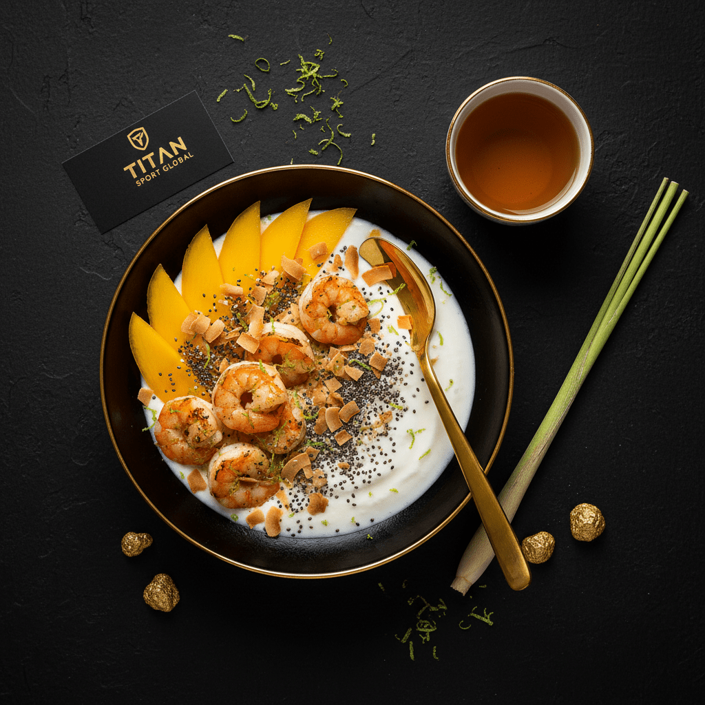 TITAN Thai Mango Coconut Shrimp Protein Bowl Breakfast flat lay dark luxury