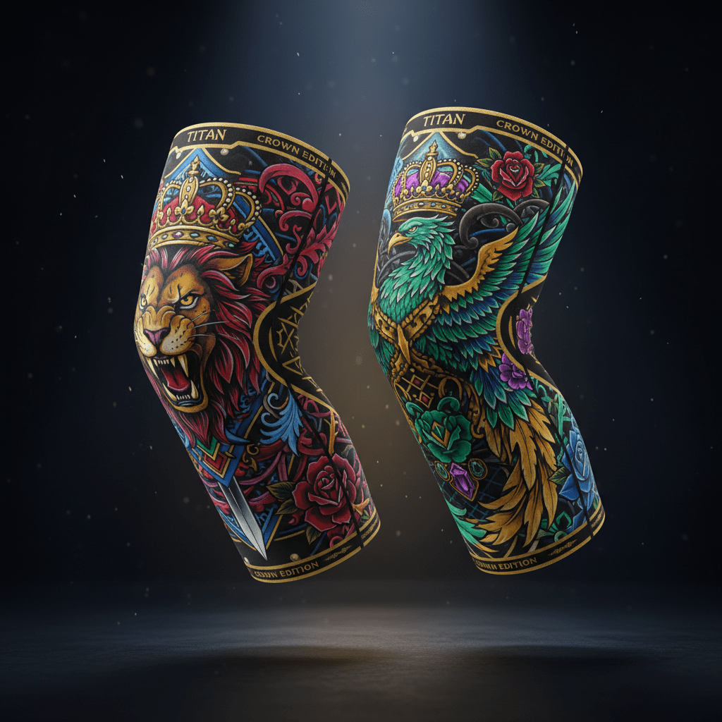 TITAN Knee Sleeves Compression Support Pair 7mm with bold tattoo-style Crown Edition artwork