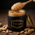 TITAN Natural Peanut Butter Crunchy Crown Edition — premium wide-mouth black glass jar product shot