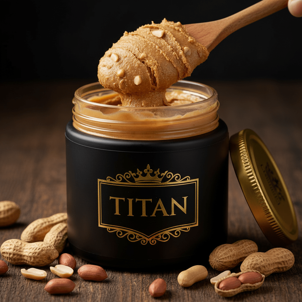 TITAN Natural Peanut Butter Crunchy Crown Edition — premium wide-mouth black glass jar product shot