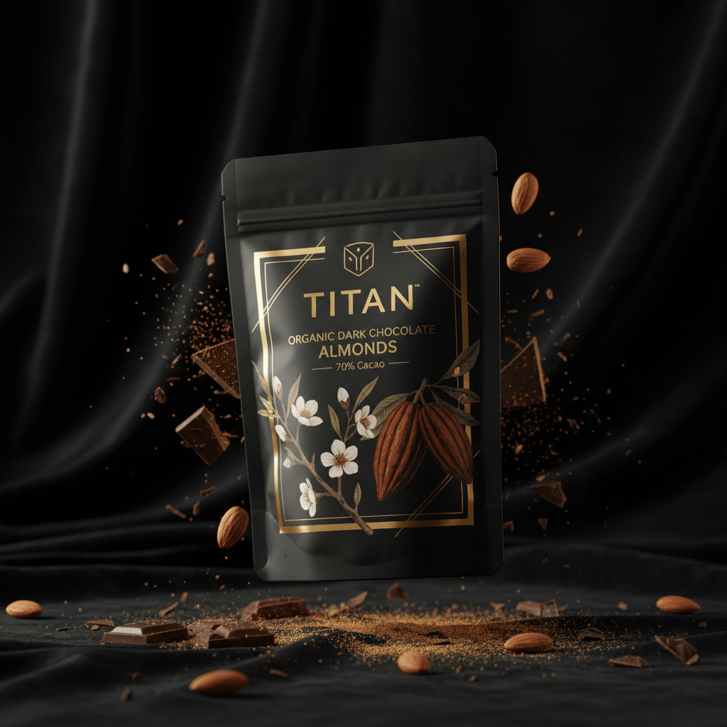 TITAN Organic Dark Chocolate Almonds 70% Cacao — ultra-premium luxury editorial product shot