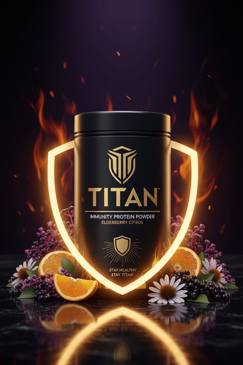 TITAN Immunity Protein Powder Elderberry Citrus — bold immune defense canister with elderberry clusters, citrus slices, echinacea flowers and golden shield glow