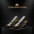 TITAN SPORT GLOBAL branded soccer shin guards on dark background with gold accents