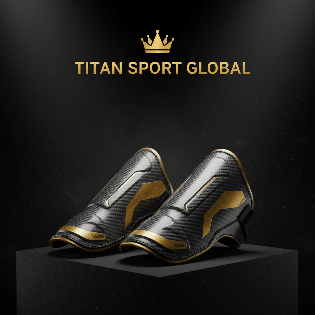 TITAN SPORT GLOBAL branded soccer shin guards on dark background with gold accents