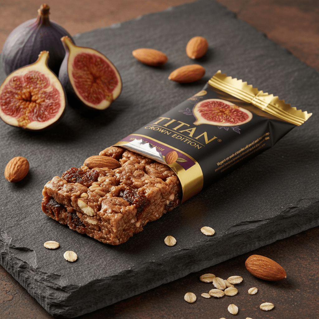 TITAN Fig & Almond Whole Grain Bar Crown Edition — real figs & almonds high fiber vegan product shot