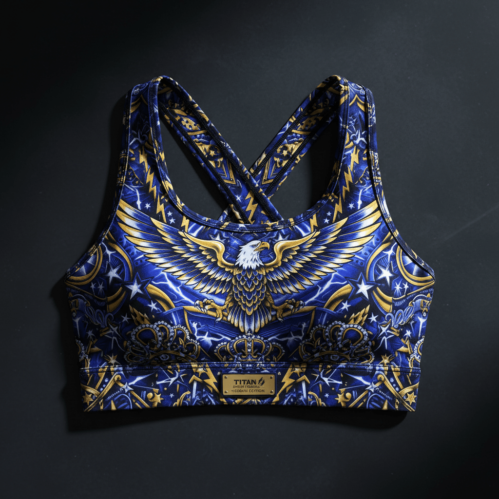 TITAN Crown Edition Storm Eagle Sports Bra — Sapphire & Gold tattoo artwork