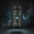 TITAN Rhodiola Rosea supplement bottle with Crown Edition matte black and gold packaging featuring a minimalist arctic teal design with a photorealistic Rhodiola flower