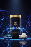 TITAN Nootropic Protein Powder Blueberry Focus — cerebral canister shot with electric blue neural network energy, fresh blueberries and Lion's Mane mushroom