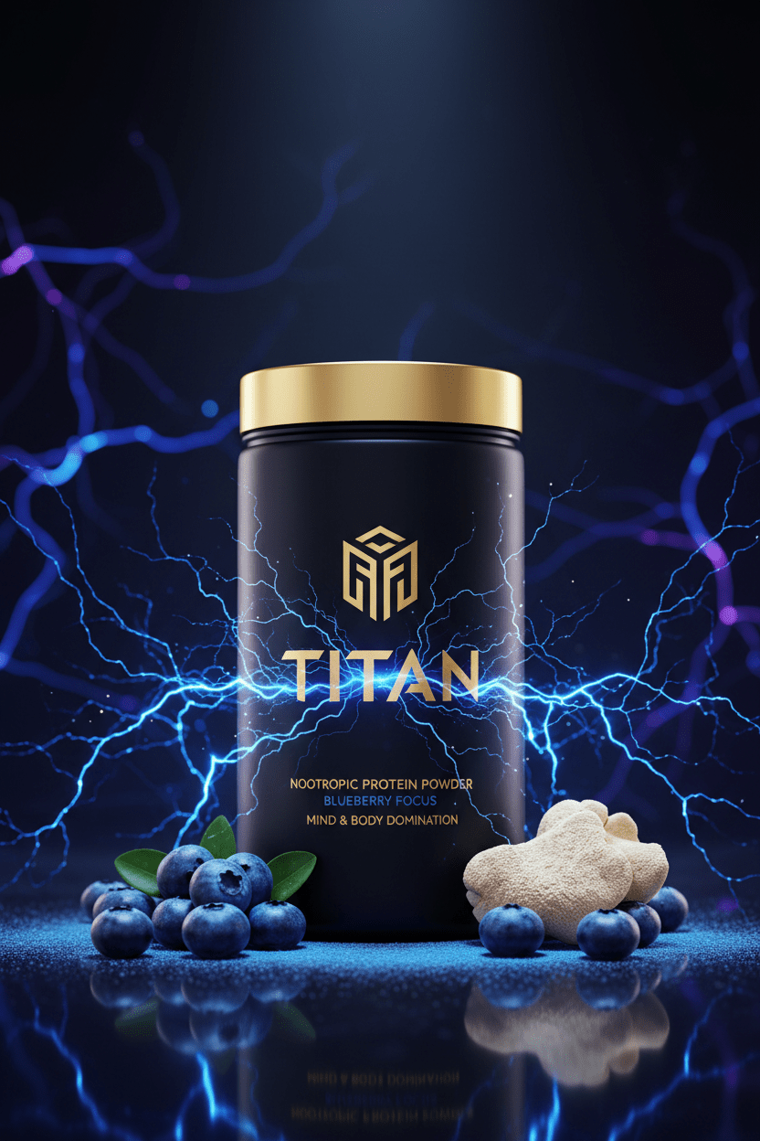 TITAN Nootropic Protein Powder Blueberry Focus — cerebral canister shot with electric blue neural network energy, fresh blueberries and Lion's Mane mushroom