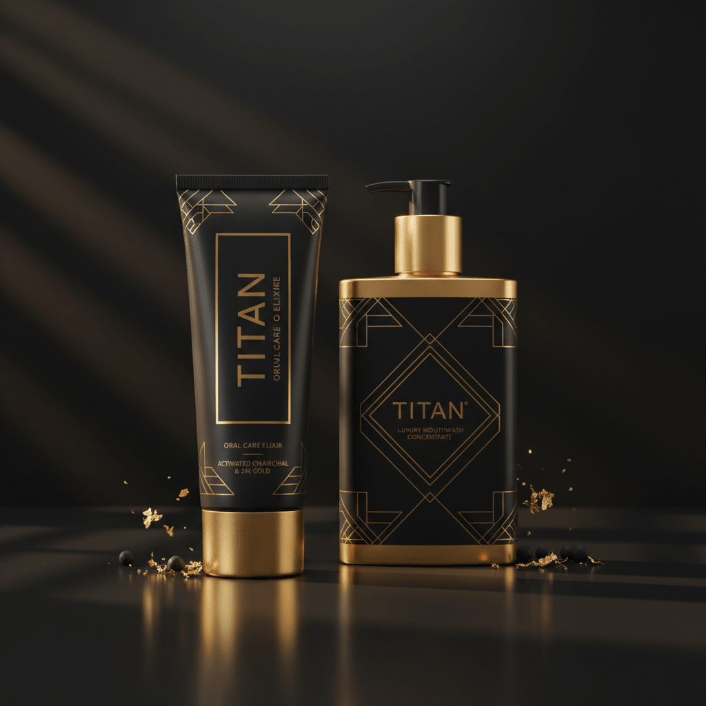 TITAN premium black and gold oral care tube and pump bottle with art deco patterns on a dark, moody background.